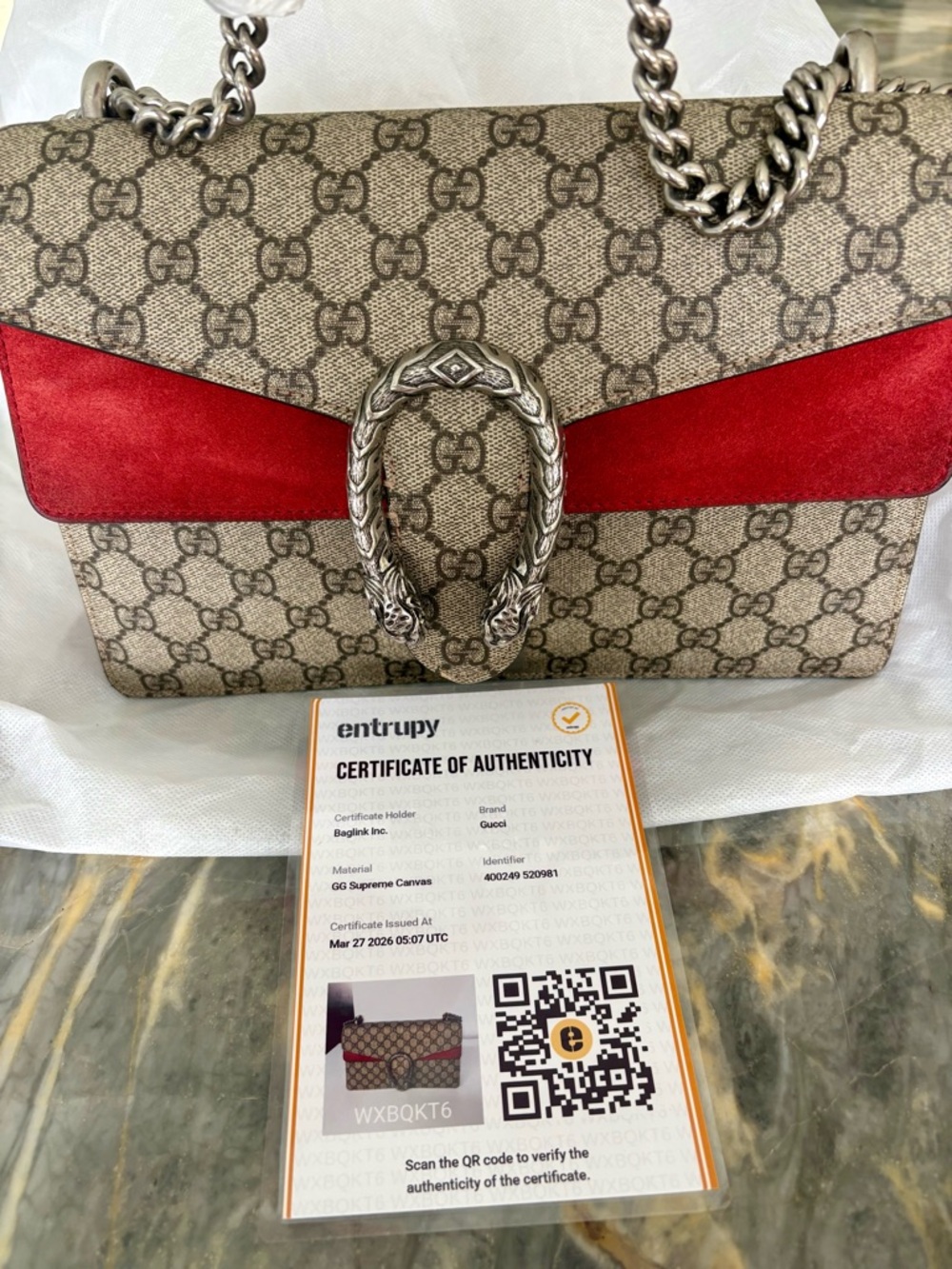 CERTIFIED GUCCI Dionysus Beige GG Supreme Canvas Shoulder Bag Red Suede Stripe !